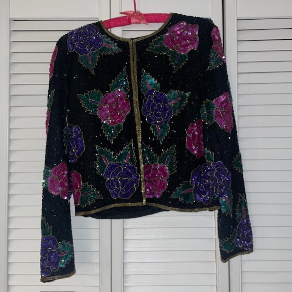Vintage Sequin Beaded Silk Jacket M Long Sleeve